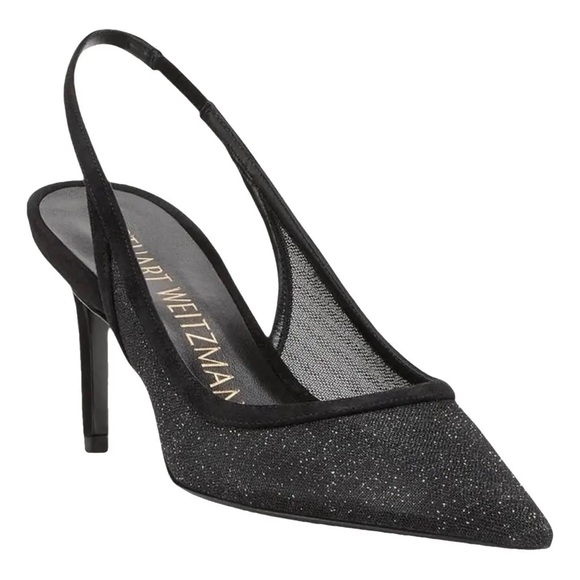 Stuart Weitzman STUART 75 SLINGBACK PUMP in Sparkle Mesh and Black Suede - Picture 2 of 8